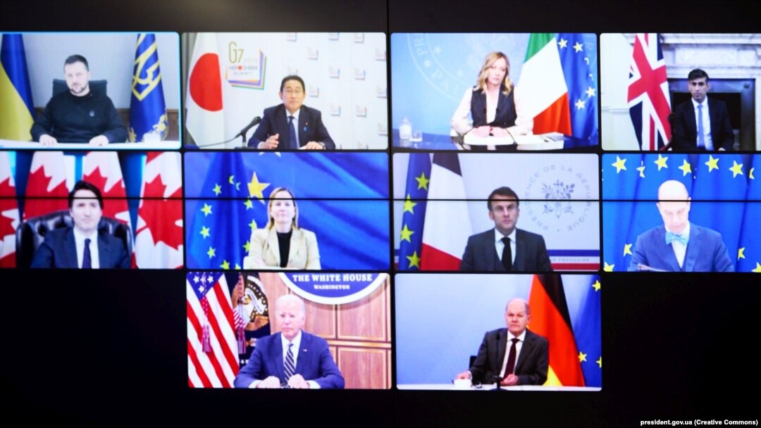 Зеленський і лідери G7 під час онлайн-саміту, 6 грудня 2023 року