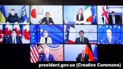 Ukrainian President Volodymyr Zelenskiy (top left) addressed the leaders of the G7 nations during an online summit on December 6.