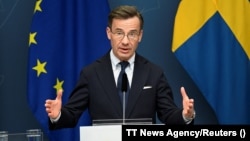 Ulf Kristersson svéd miniszterelnök sajtótájékoztatót tart Stockholmban 2023. március 14-én