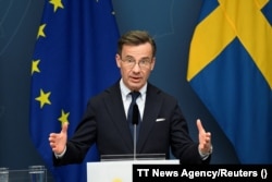 Премьер-министр Швеции Ульф Кристерссон проводит пресс-конференцию, посвященную началу процесса вступления страны в НАТО. Стокгольм, 14 марта 2023 года