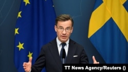 Prim-ministrul suedez Ulf Kristersson susține o conferință de presă privind procesul NATO, la Stockholm, Suedia, 14 martie 2023