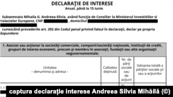 În declarația de interese a Andreei Silvia Mihăilă, depusă la Ministerul Investițiilor și Proiectelor Europene, este menționată calitatea de acționar în firma Remember Us Agency SRL.