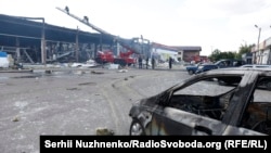 The aftermath of a Russian missile attack on a supermarket in Kostyantynivka. 