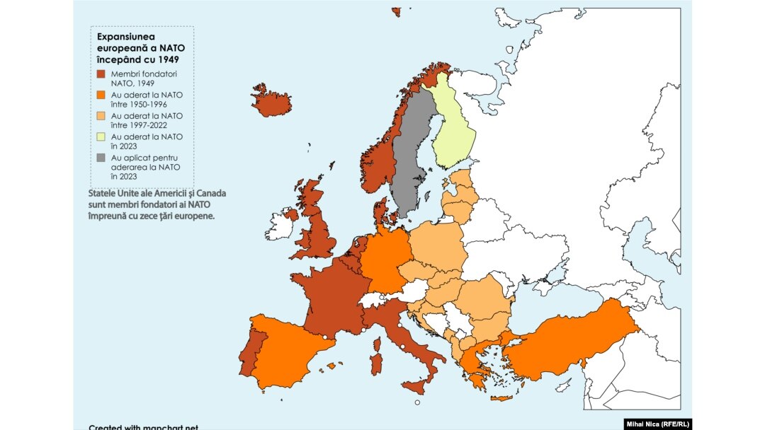 Harta țărilor NATO din Europa și etapele de aderare la nivelul anului 2024.