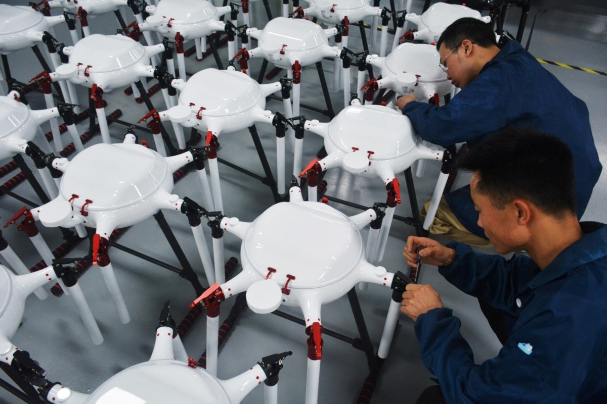 Workers on a drone assembly line at a factory in Anqing, Anhui province, China.