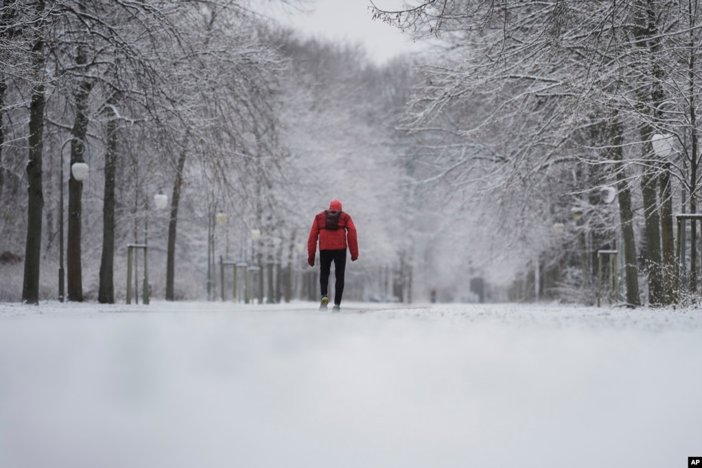 Një burrë duke ecur nëpër parkun Tiergarten të mbuluar me borë, Berlin, Gjermani, 5 janar 2024.