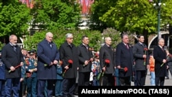 Russia - The leaders of Russia, Armenia, Belarus, Kazakhstan, Kyrgyzstan, Tajikistan and Turkmenistan take part in a flower-laying ceremony at the Tomb of the Unknown Soldier after the Victory Day Parade in Moscow, May 9, 2023.