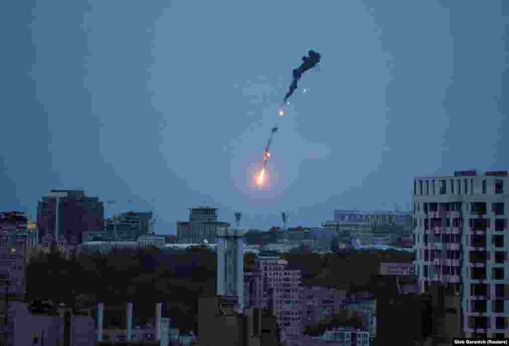 A drone is seen exploding over Kyiv amid Russian strikes on the city on May 4.&nbsp;