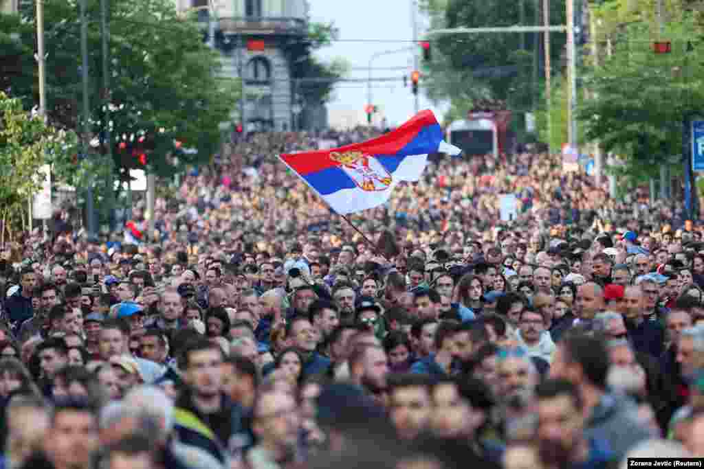 People attend a protest titled Serbia Against Violence in reaction to recent mass shootings that have shaken the country, in Belgrade on May 8.