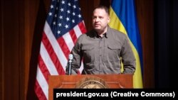 Andriy Yermak, head of Ukraine's presidential office, delivers a speech at the Ukraine Defense Industrial Base Conference in Washington on December 6, 2023.