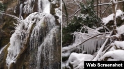 Водопад Су-Учхан покрылся льдом во время мороза и снегопадов в Крыму, 13 января 2024 года. Скрин страницы крымчанки Екатерины Поняевой в «ВКонтакте»