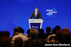EU trade chief Valdis Dombrovskis speaks at the Bund Summit in Shanghai in September.