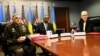 Претседателот на Здружениот Генералштаб на САД, генерал Марк Мили, американскиот секретар за одбрана Лојд Остин и американскиот помошник секретар за одбрана за меѓународни безбедносни прашања Селест Валандер на виртуелен состанок на Контакт групата за одбрана на Украина.