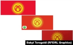 1-сүрөттө Кыргызстандын азыркы желеги, 2-сүрөттө депутаттар сунуштаган долбоор, 3-сүрөттө иштелип чыккан вариант.