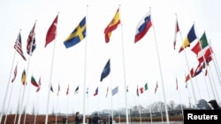 Flamujt e shteteve anëtare të NATO-s te selia e saj në Bruksel.