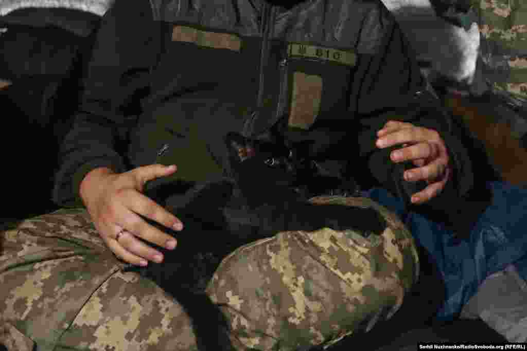 With the rain coming down, a soldier spends a few quiet moments stroking a cat that lives among them. &quot;He has already caught two mice, and we are letting the other mice rest,&quot; the soldier said.