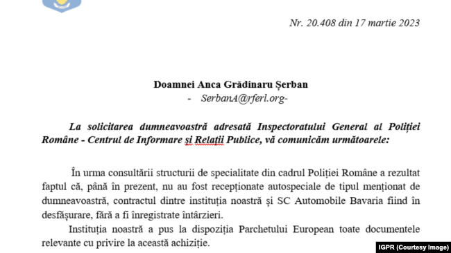 Răspunsul Poliției Naționale pentru Europa Libera privind ancheta Parchetului European referitoare la achiziția de BMW-uri de către Ministerul de Interne pentru Poliția Română.