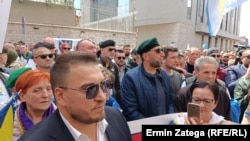 Haris Zahiragić, delegat iz Stranke demokratske akcije (SDA) u Domu naroda Parlamenta Federacije BiH, na protestima u Sarajevu, 28. april 2023.