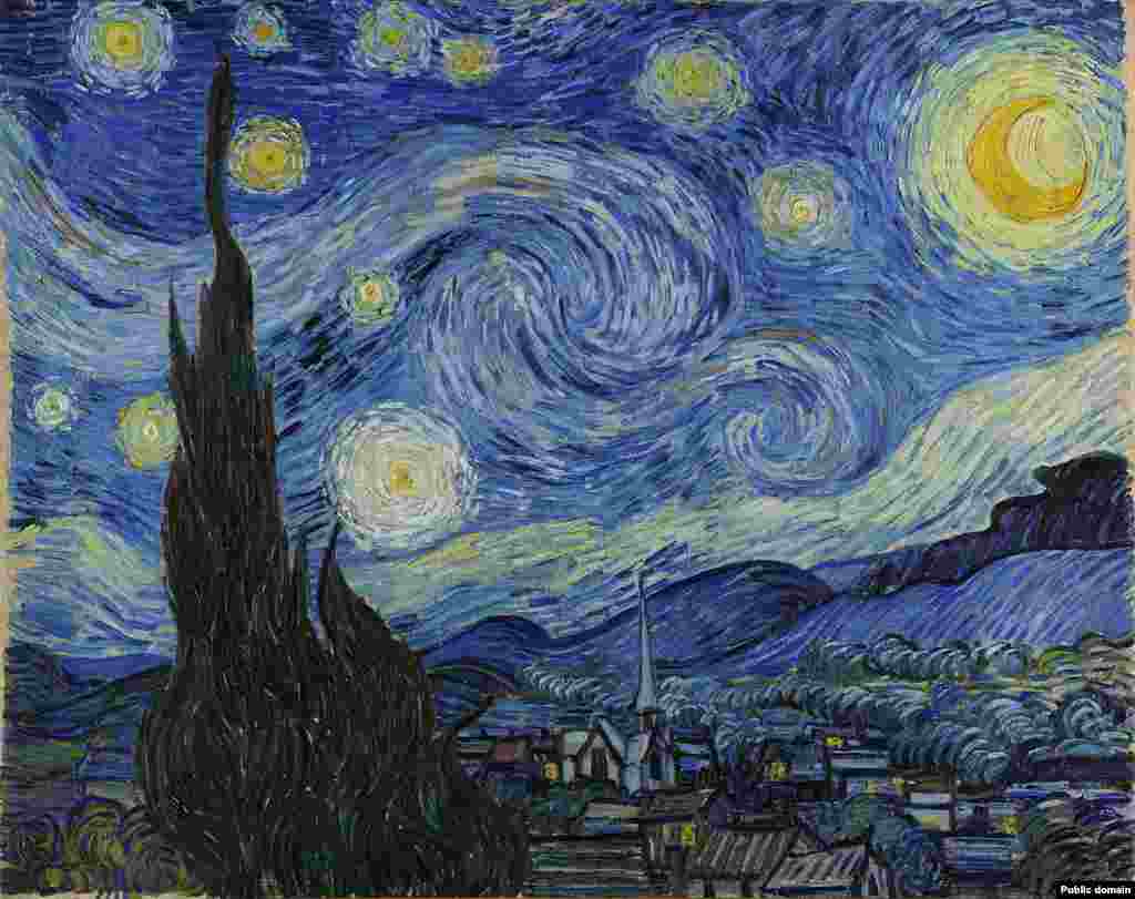 The Starry Night, painted by Vincent van Gogh in 1889. Van Gogh was born in 1853 and died in 1890.