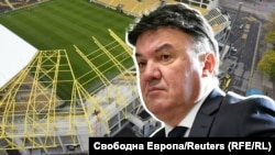 Колаж на Борислав Михайлов и строящият се стадион "Христо Ботев" в Пловдив