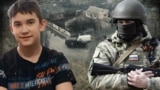 Колаж: школяр із Бердянська Максим Бровченко і російський військовий на тлі окупованого Бердянська