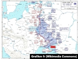 Радянсько-німецький фронт у другій половині 1943 року. «Східний вал» позначений червоною зубчастою лінією