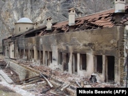 The gutted remains of the Monastery of the Holy Archangels near Prizren after it was attacked in March 2004. Four years earlier, one of the monks of the isolated monastery was kidnapped and beheaded.