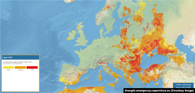 Situația indicatorului combinat de secetă în Europa, la finalul lungii august 2024.