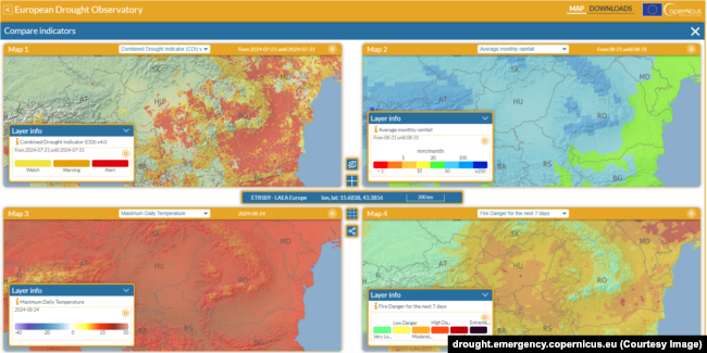1 - indicatorul de secetă; 2 - precipitațiile medii lunare; 3 - temperatura maximă; 4 - riscul de incendii în următoarele șapte zile.