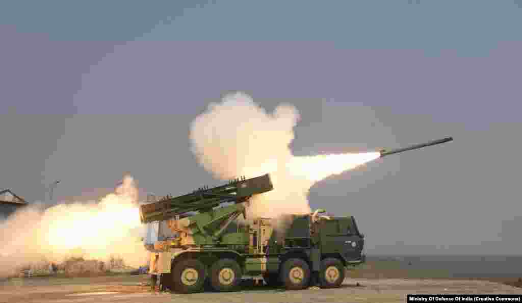 A Pinaka unit fires a salvo in Odisha, India, in November 2020. The Pinaka system is named after the bow of Indian deity Shiva. Its range of 40 kilometers is relatively short compared to some Soviet-designed rocket systems, but it has been dubbed the &ldquo;Indian HIMARS&rdquo; for its reported accuracy. The Armenian purchase was valued at $260 million for several Pinaka launcher systems and associated ammunition.