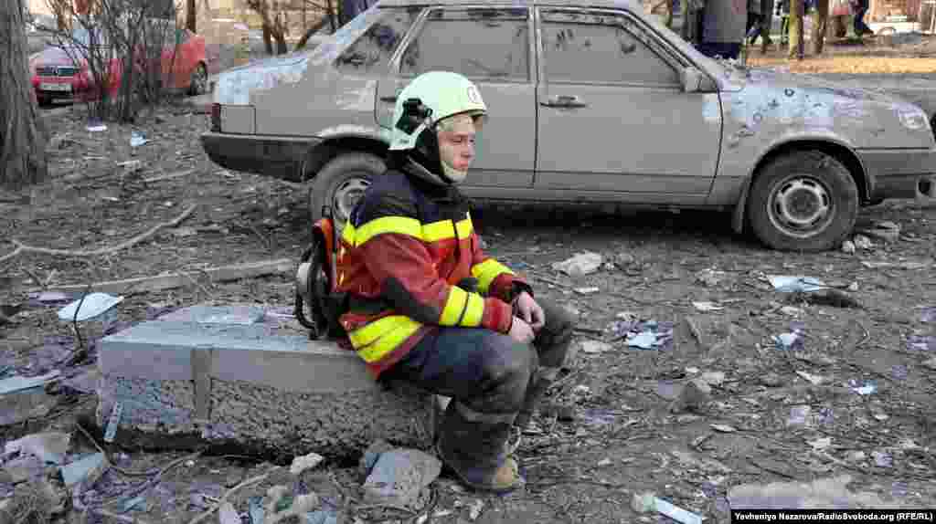 A rescue worker takes a break in&nbsp;Zaporizhzhya, Ukraine.