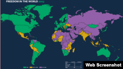 Согласно рейтингу Freedom House от 2023 года, страны разделены на «свободные» (зеленый цвет), «частично свободные» (желтый) и «несвободные» (фиолетовый).
