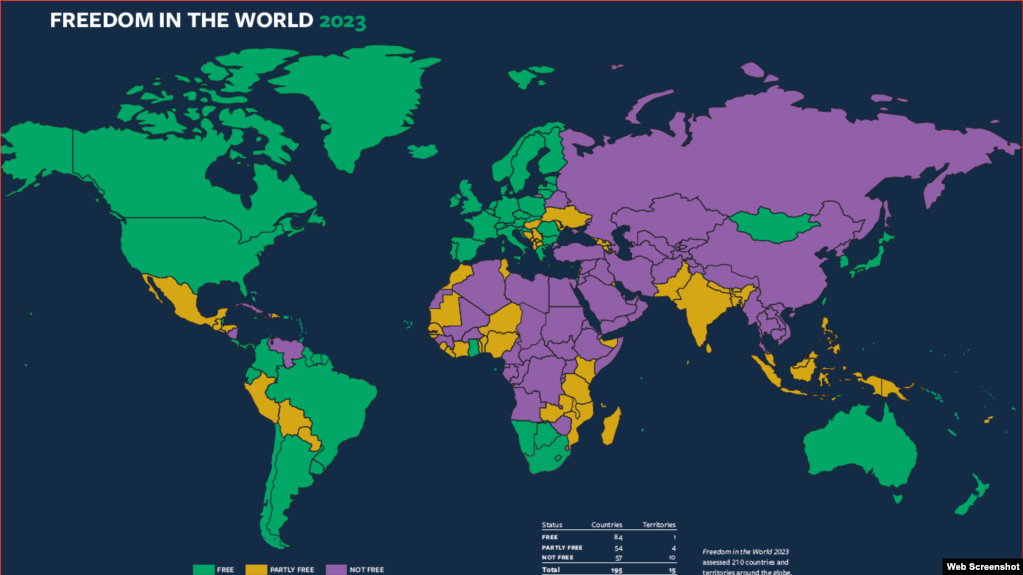 Карта свободы в мире в 2023 году согласно новому докладу Freedom House