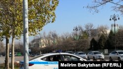 Kazakhstan – The place where opposition rally supposed to be held fenced off. Police cars were seen around. Almaty, 25 November 2023 Tags: police car/opposition rally/prosecution of activists DVK