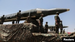 The Huthis publicly display their ballistic missiles during a military parade in Sanaa, Yemen, in September 2023. 