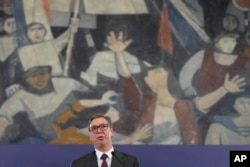 Serbian President Aleksandar Vucic speaks in Belgrade on May 5: "This is an attack on the whole country and every citizen feels it."