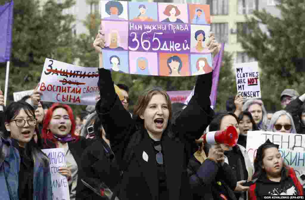 Women with placards that read, &quot;Raise your son&quot; and &quot;We need rights 365 days a year&quot; participated in a rally in celebration of International Women&#39;s Day in Bishkek, Kyrgyzstan, on March 8. The theme for this year&#39;s event was: Invest In Women: Accelerate Progress.