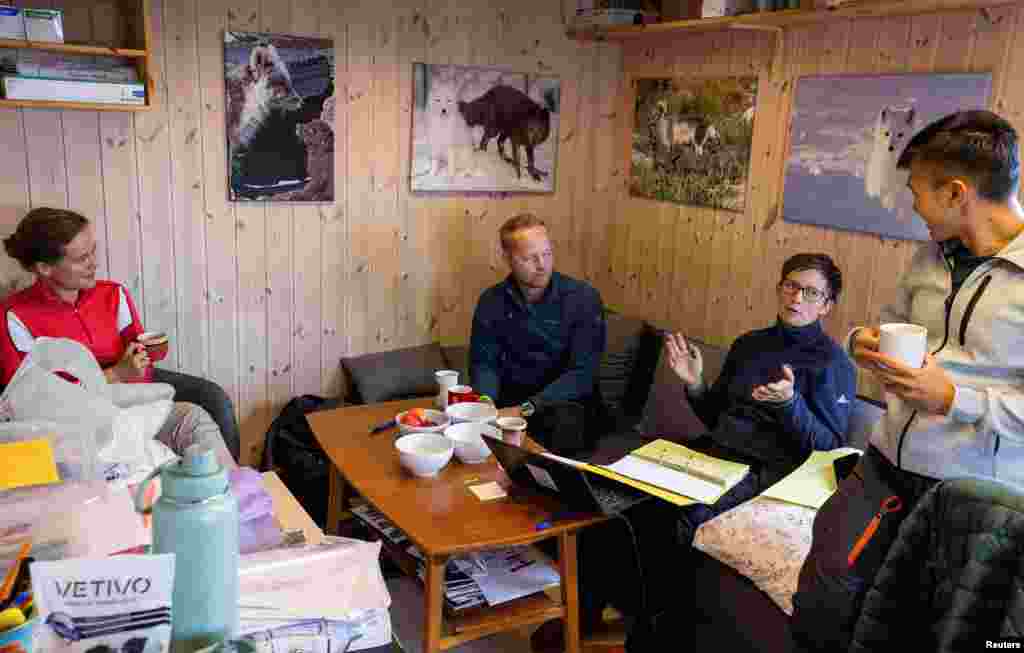 Veterinerja Marianne W. Furnes, biologët Craig Jackson, Kristine Ulvund dhe Kang Nian Jap, bëjnë një pushim gjatë kontrolleve mjekësore të dhelprave në Oppdal, Norvegji, 26 korrik 2023.&nbsp;&nbsp;Ndryshimet klimatike dhe humbja e habitatit bëjnë që mijëra specie në botë të jenë në prag të mbijetesës, duke ndërprerë zinxhirët ushqimorë dhe duke bërë që disa kafshë të ngordhin nga uria