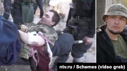 Left: Bohad Lysenko shown being carried on a stretcher in the March 2022 NTV report filmed at the Naroulya filtration camp. Right: a recent photo of Lysenko in Kyiv.