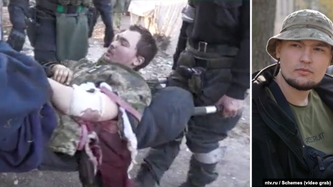 Left: Bohad Lysenko shown being carried on a stretcher in the March 2022 NTV report filmed at the Naroulya filtration camp. Right: a recent photo of Lysenko in Kyiv.