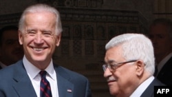 Palestinian President Mahmud Abbas (right) meets with U.S. Vice President Joe Biden in Ramallah today.