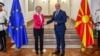 European Commission President Ursula von der Leyen (left) shakes hands with Macedonian Prime Minister Dimitar Kovachevski in Skopje on July 14.