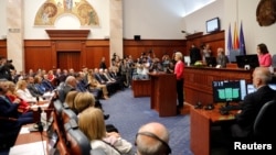 The president of the European Commission, Ursula von der Leyen, addresses the parliament of North Macedonia in Skopje on July 14.