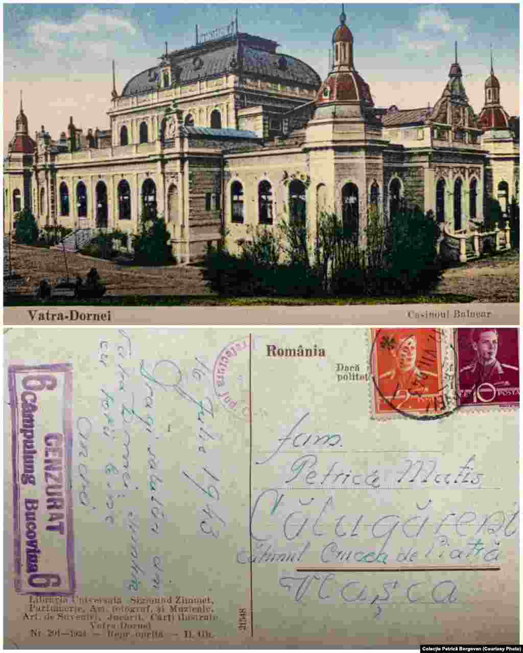 Carte poștală trimisă în 1943, la Călugăreni, cătunul Crucea de Piatră. &bdquo;16 iulie 1943. Dragi salutări din Vatra Dornei, suntem cu toții bine. Andrei&rdquo; Ștampilă - Cenzurat / Câmpulung Bucovina&rdquo;