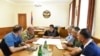 Karabakh President Arayik Harutiunian (center) held what appeared to be an emergency meeting with Defense Army commander Kamo Vartanian and other security officials.