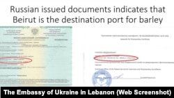 Фрагменты презентации посольства Украины в Ливане для пресс-конференции о наличии украинского зерна на судне LAODICEA в порту Триполи. Иллюстрации предоставлены дипломатическим ведомством