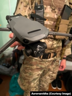 A DJI-branded drone that was hit with gunfire during a mission in Ukraine.