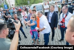 Viktor Orban takes photos with fans in Miercurea Ciuc before a soccer match between the Hungarian Under-18 national team and a select Szekely Land Under-18 side.