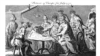 Карикатура 1772 года, иллюстрирующая первый раздел Речи Посполитой: польский король Станислав II Август слева со связанными руками, монархи России, Австрии и Пруссии рассматривают карту, остальные государи Европы в роли зрителей