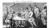 Карикатура 1772 года, иллюстрирующая первый раздел Речи Посполитой: польский король Станислав II Август слева со связанными руками, монархи России, Австрии и Пруссии рассматривают карту, остальные государи Европы в роли зрителей
